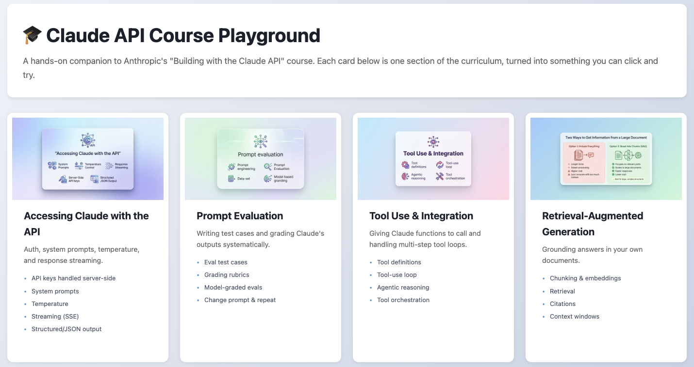 Claude API Course Playground screenshot